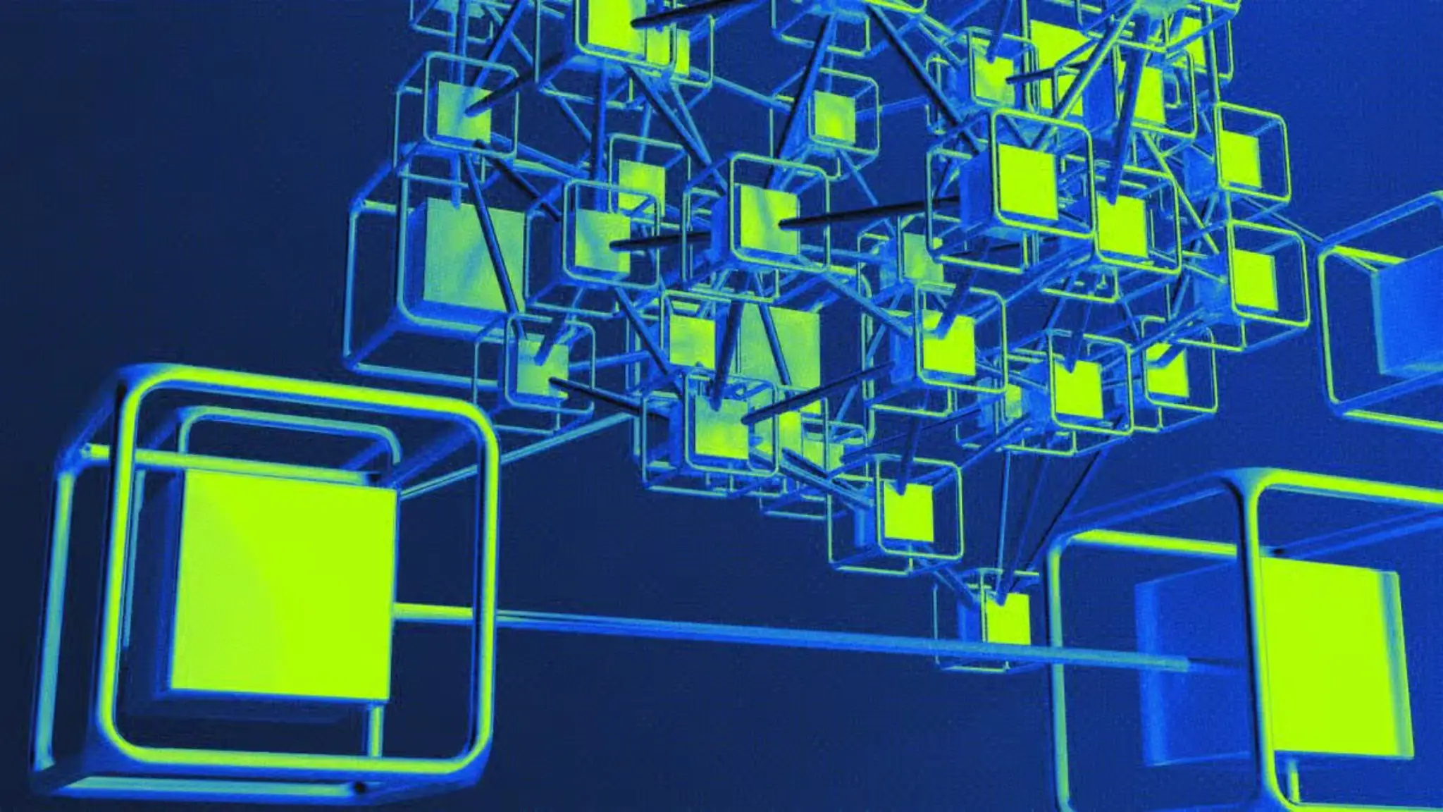 Abstract representation of a decentralized network with neon cubes and connecting lines