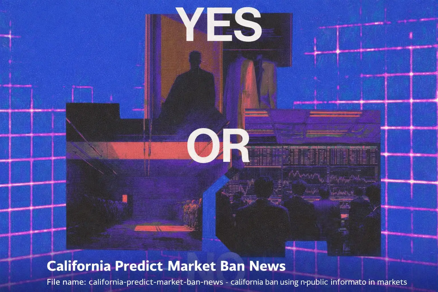 Graphic representing California's ban on insider trading in prediction markets with YES OR NO theme
