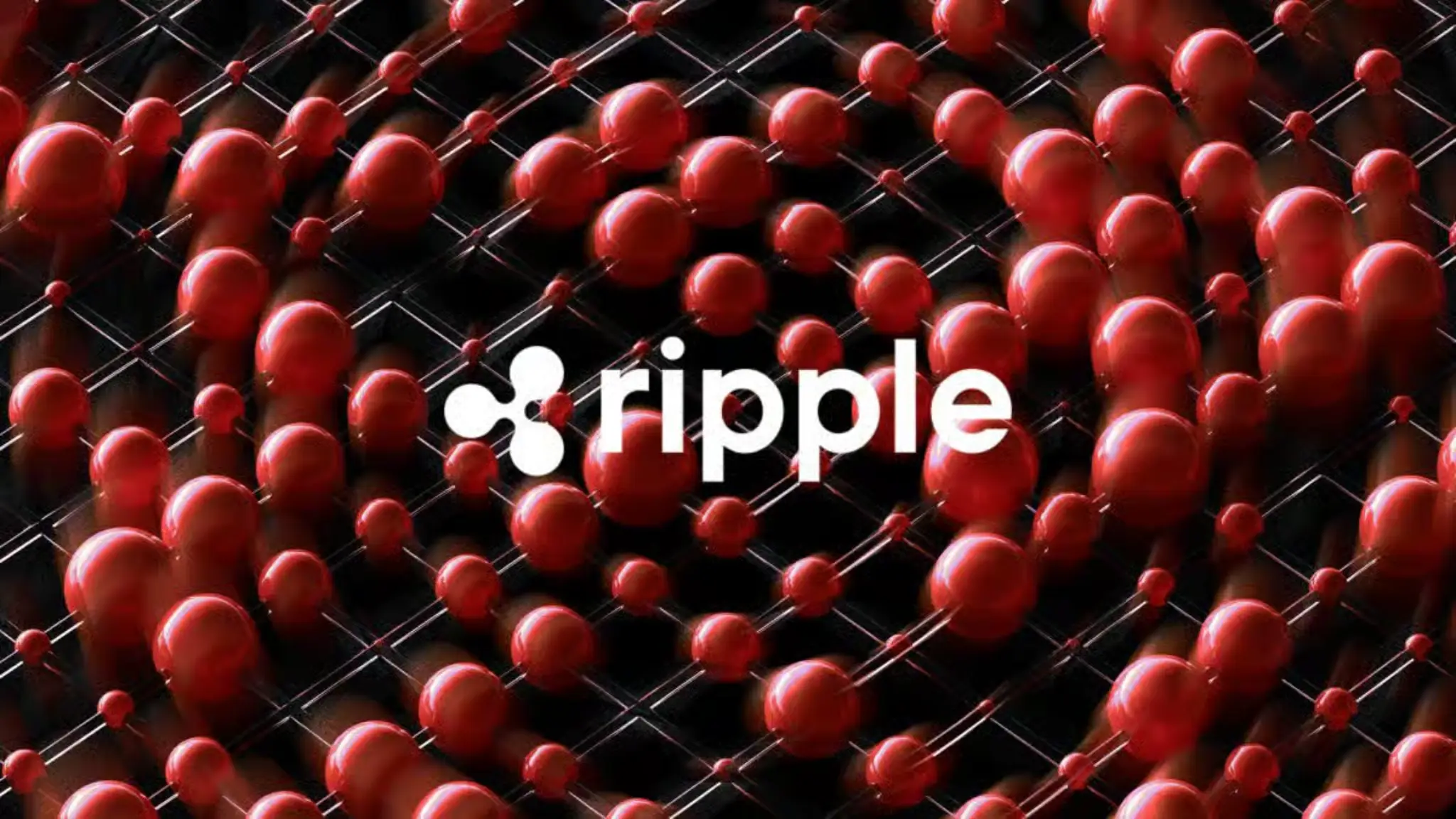 Ripple logo over a digital network design with red spheres and black grid background
