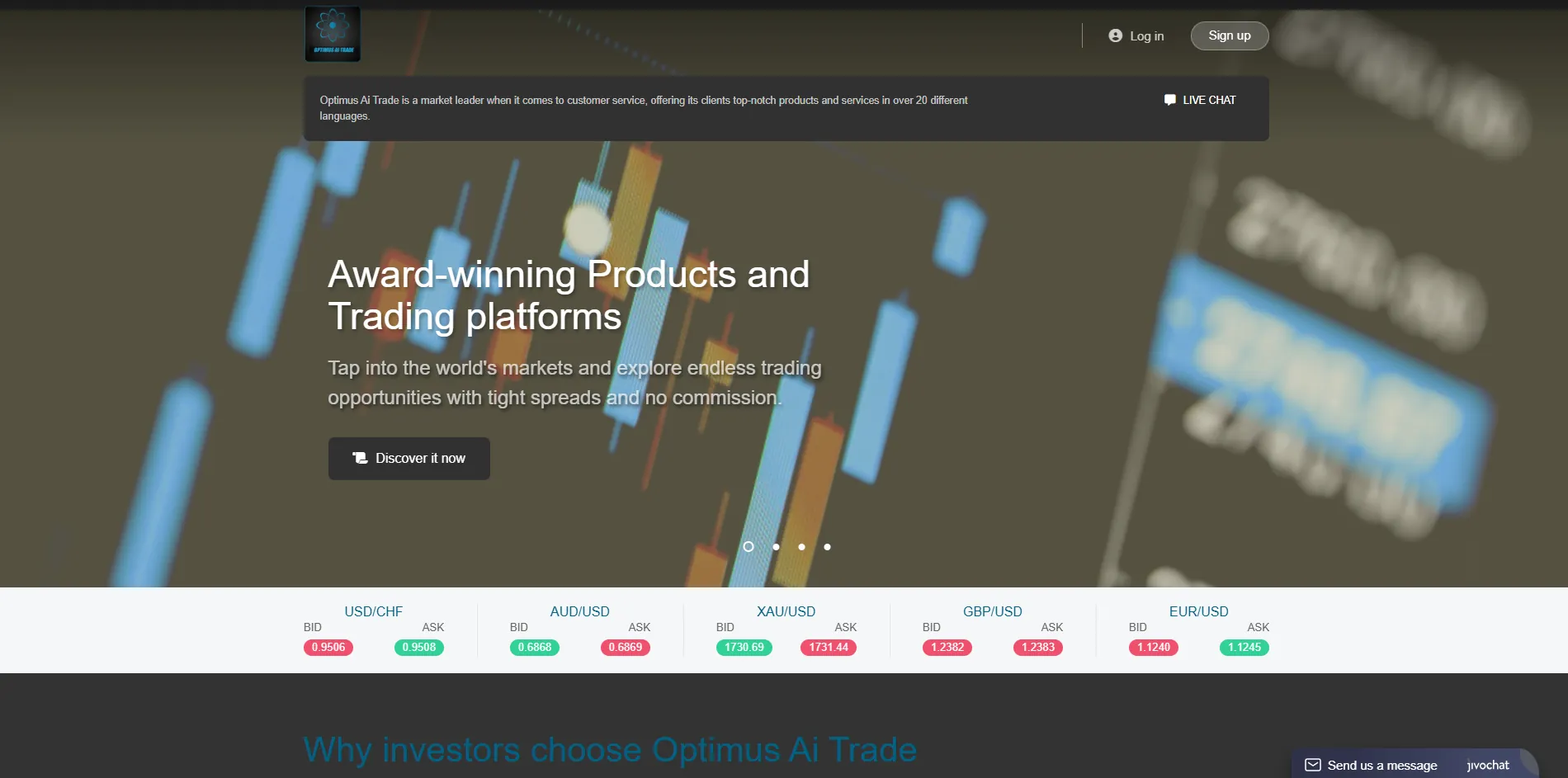 Optimus AI Trade platform homepage showing trading charts and award-winning trading platform interface