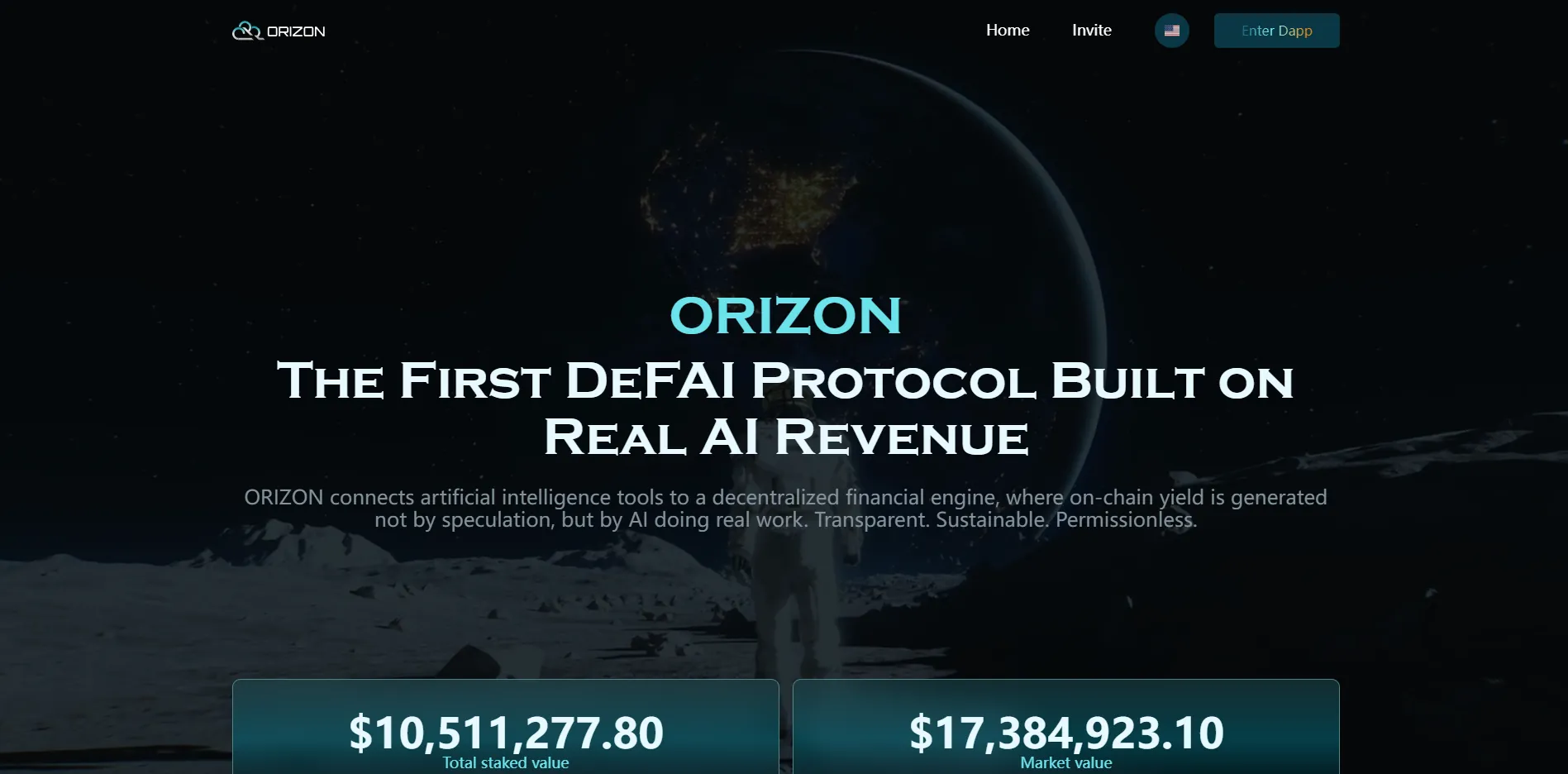Orizon review showing DeFAI protocol platform built on real AI revenue with futuristic blockchain interface and dashboard statistics