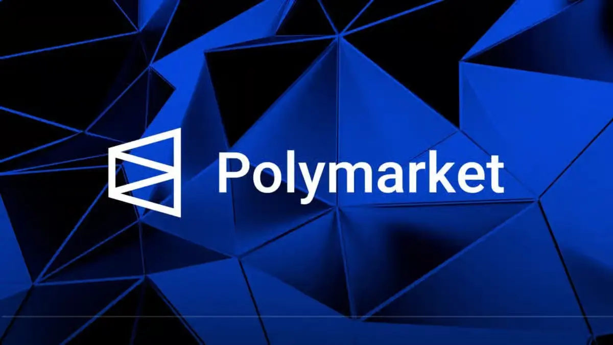 Polymarket logo on blue geometric background related to traders netting $1M on Iran strike prediction bets