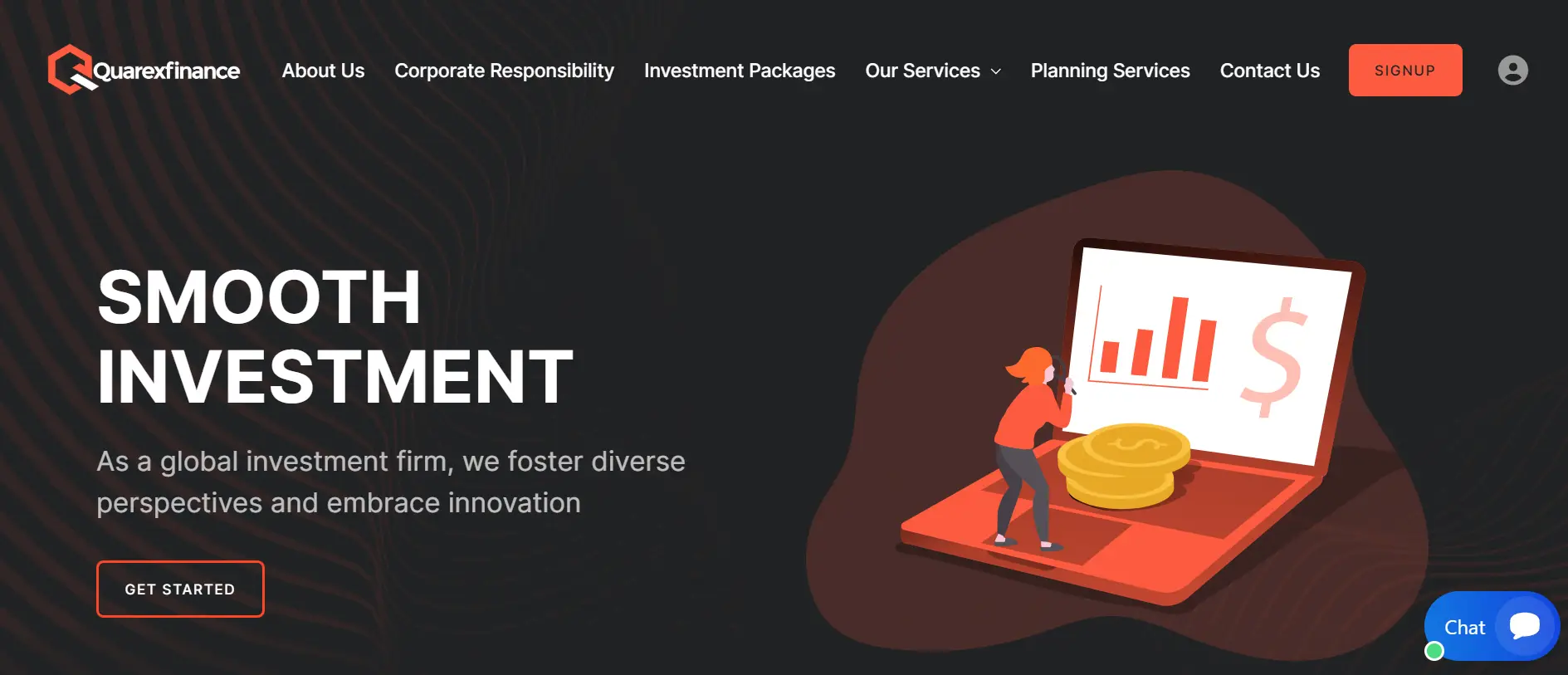 QuarexFinance homepage showing smooth investment services and financial growth interface