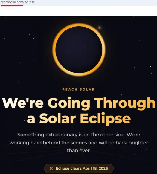 Reach Solar eclipse message showing April 18, 2026 reboot after MLM collapse