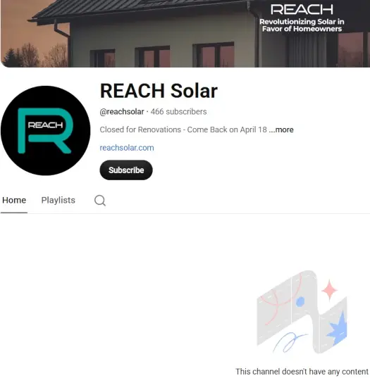 Reach Solar YouTube channel showing no content after MLM collapse and April 2026 reboot notice