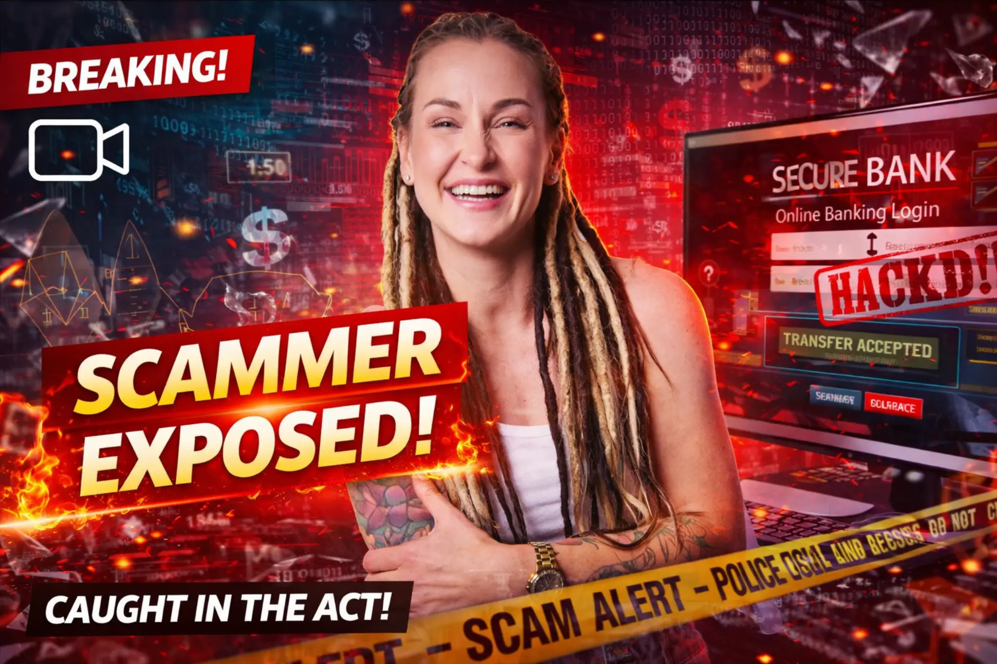 Scammer exposed in online banking hack, showing hacked account screen and fraud alert warning, caught in the act cyber scam