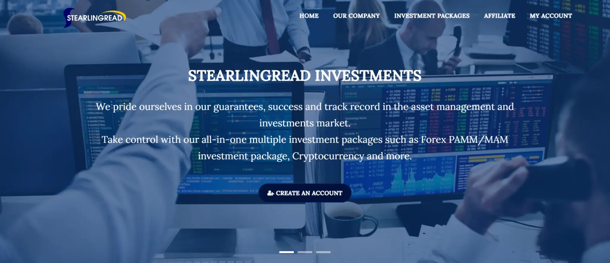 StearlingRead investment platform dashboard showing trading screens and investment packages.
