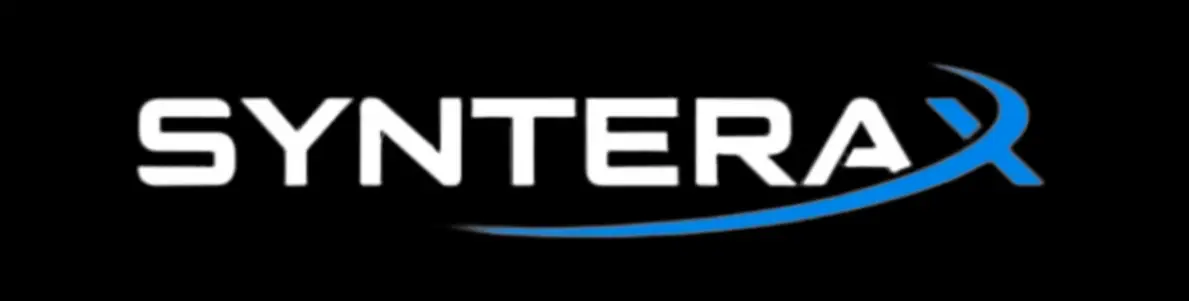Synterax logo with stylized text and blue swoosh on black background