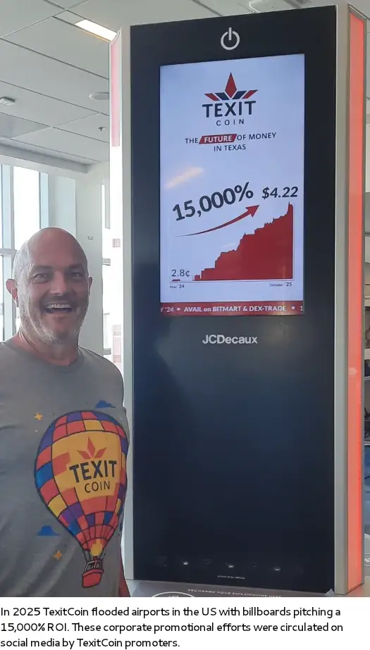 Textit Coin airport advertisement showing 15000 percent ROI crypto investment claim with misleading growth chart