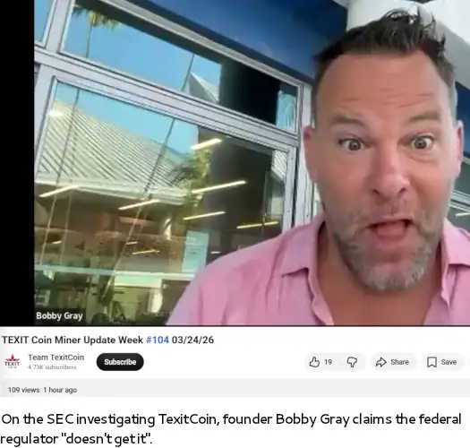 Textit Coin founder Bobby Gray speaking in video about SEC investigation and crypto miner update controversy