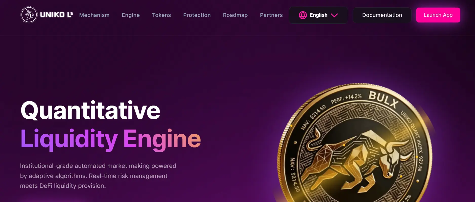 UNIKO platform quantitative liquidity engine dashboard with crypto coin and DeFi trading interface