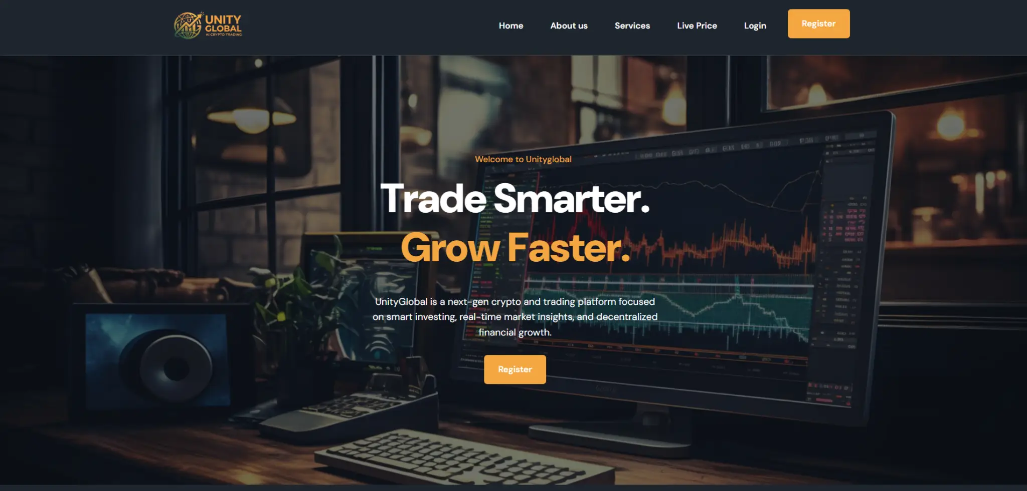 Unity Global crypto trading platform homepage showing trading dashboard, market charts, and smart investing interface