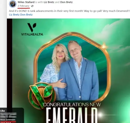 Vital Health Group promotion showing emerald rank achievement amid transition from Nelo Life collapse