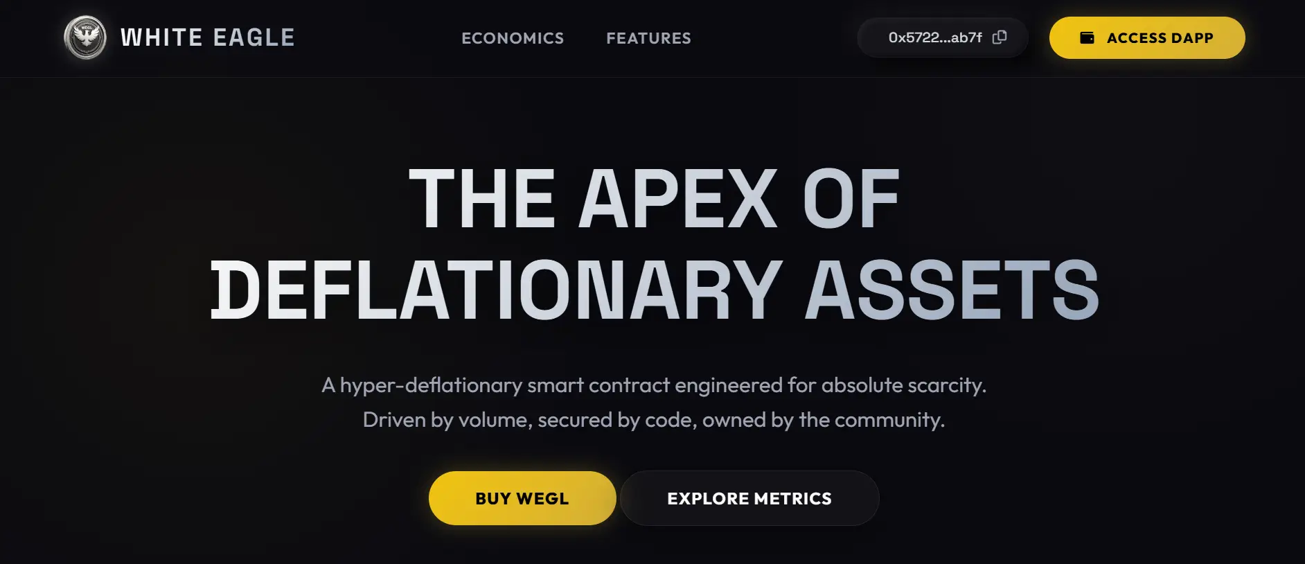 White Eagle DeFi platform homepage showing WEGL token dashboard and deflationary assets message.