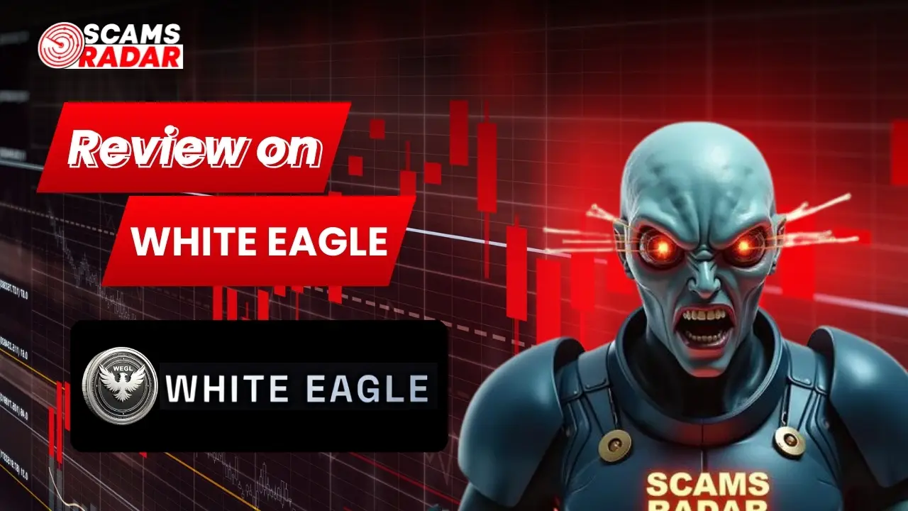 White Eagle review banner showing White Eagle logo with scam warning analysis by Scams Radar.
