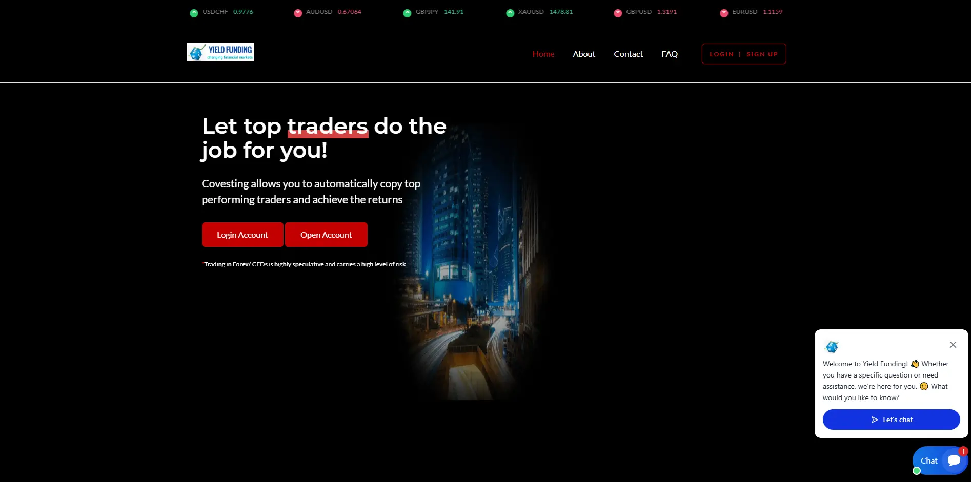 Yield Funding trading platform dashboard showing copy trading feature and account login interface