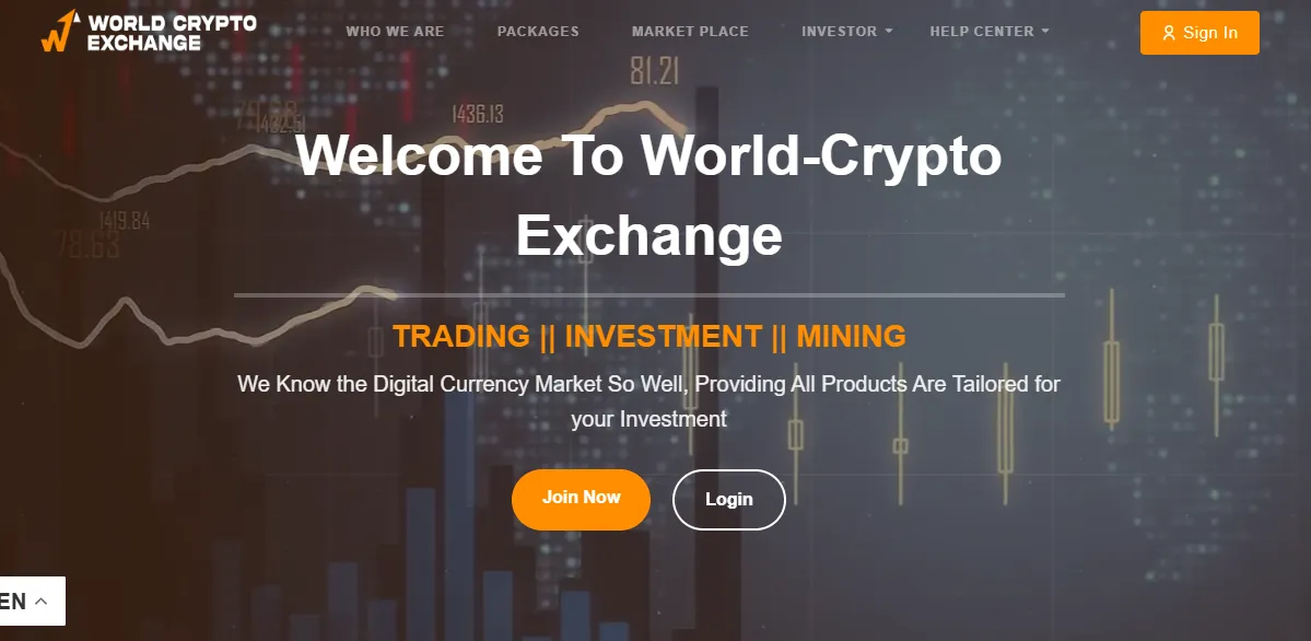 Welcome screen of World Crypto Exchange showcasing their trading, investment, and mining services with a graph background.