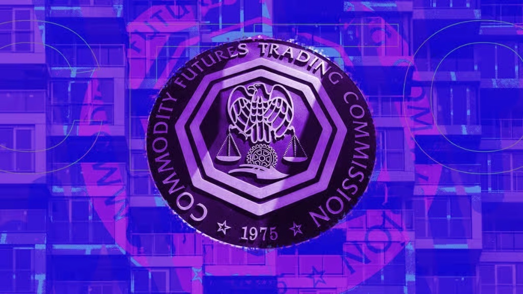 Commodity Futures Trading Commission (CFTC) ka official purple metallic seal, jisme eagle aur scales bane hain, ek modern apartment building ke background par.