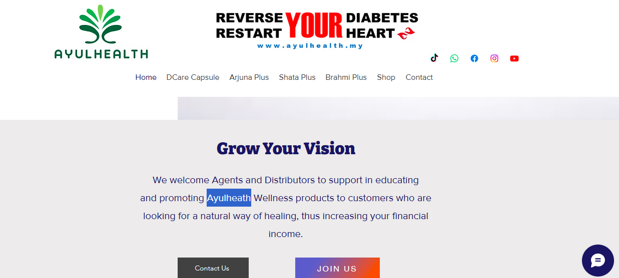 Ayulhealth Review: Official website screenshot showing herbal products like DCare Capsule and Arjuna Plus, along with agent recruitment options.