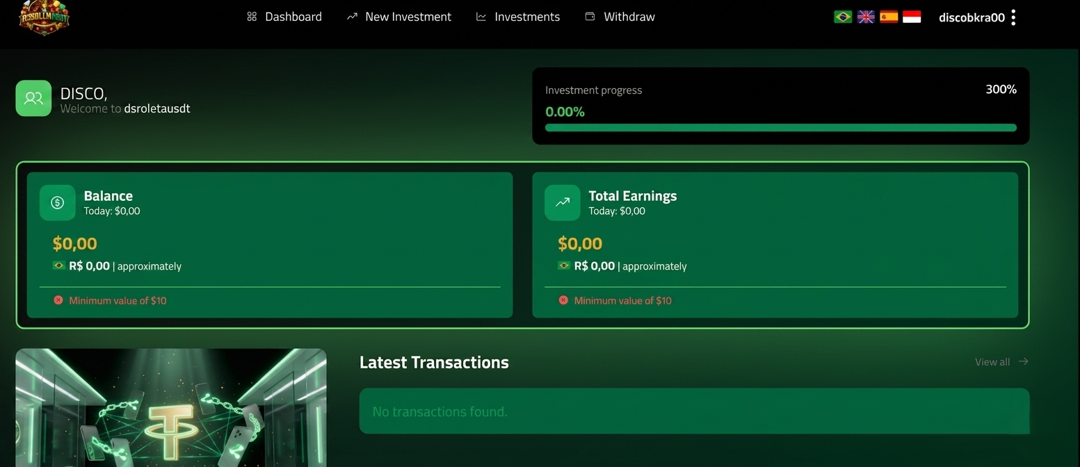 A snapshot of the Dsroleta Usdt user dashboard, exhibiting an investment progress bar and $0 balances, flagged in our critical review as a high-risk crypto Ponzi scheme with withdrawal issues and lacking financial licensing.