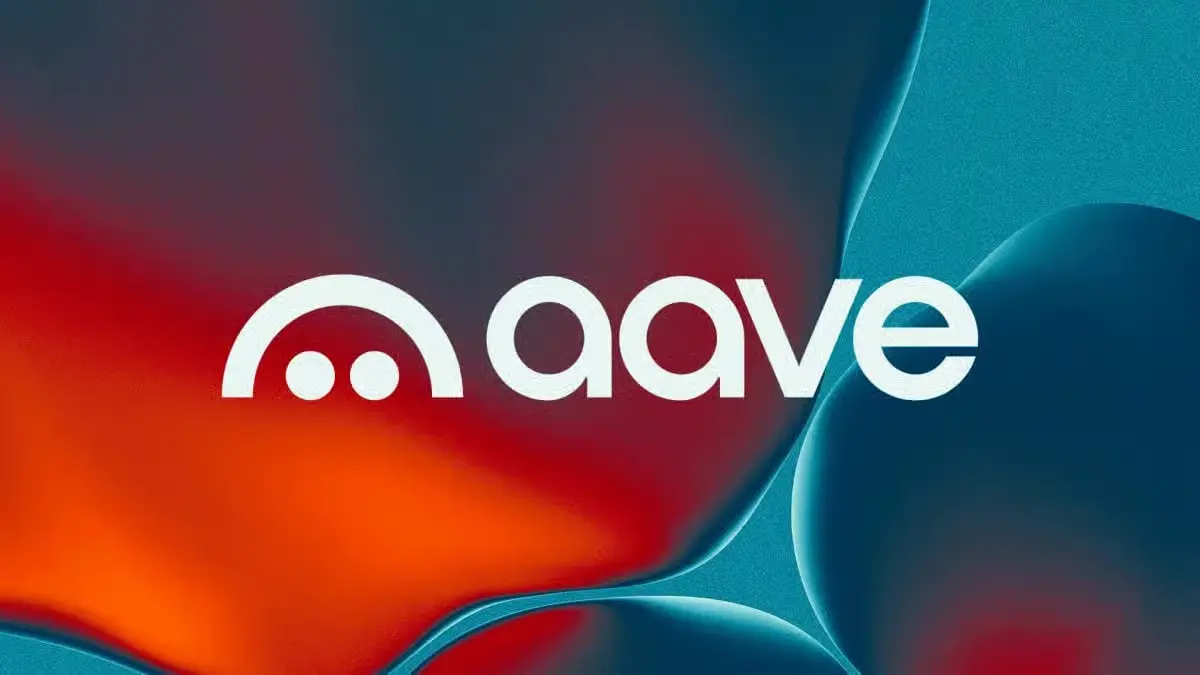Official Aave logo displayed against a modern teal and orange abstract gradient background, representing the Aave DAO funding vote for Aave Labs.