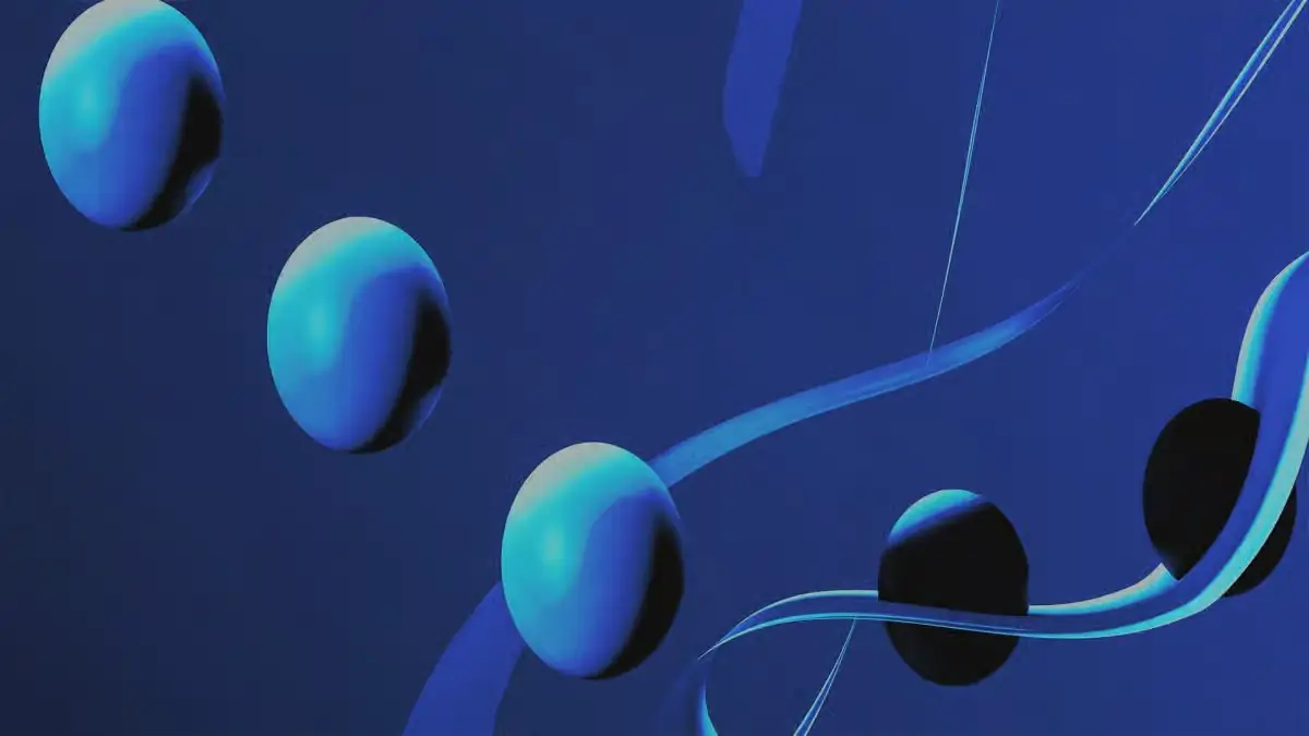 abstract blue 3D shapes with smooth gradients and floating elements on a modern digital background