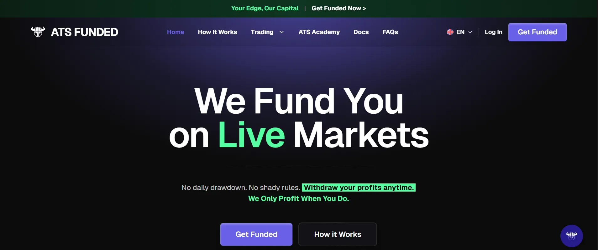ATS Funded trading platform homepage showing live markets funding program and trader profit features