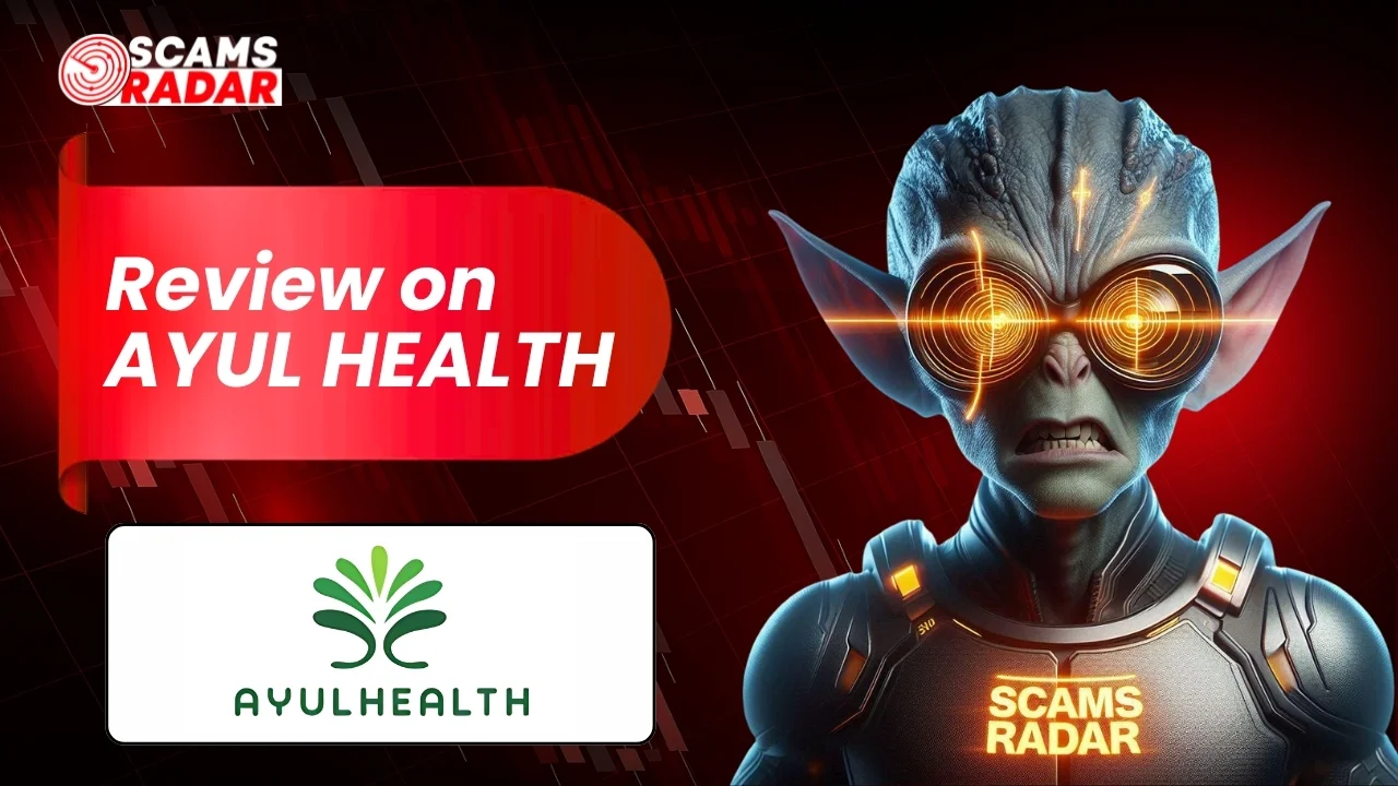 Ayulhealth Review: Scams Radar analysis featuring a digital investigator character and the official Ayulhealth logo.
