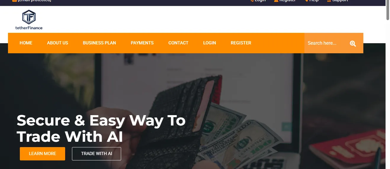 Secure and easy way to trade with AI, featuring an image of money and a laptop with the TetherFinance website.