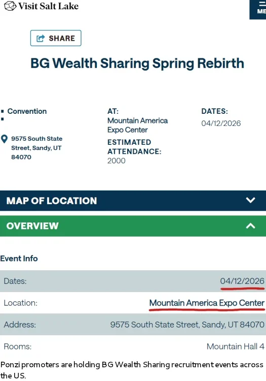 Screenshot of BG Wealth Sharing Spring Rebirth event details at Mountain America Expo Center, Utah, dated April 12, 2026.