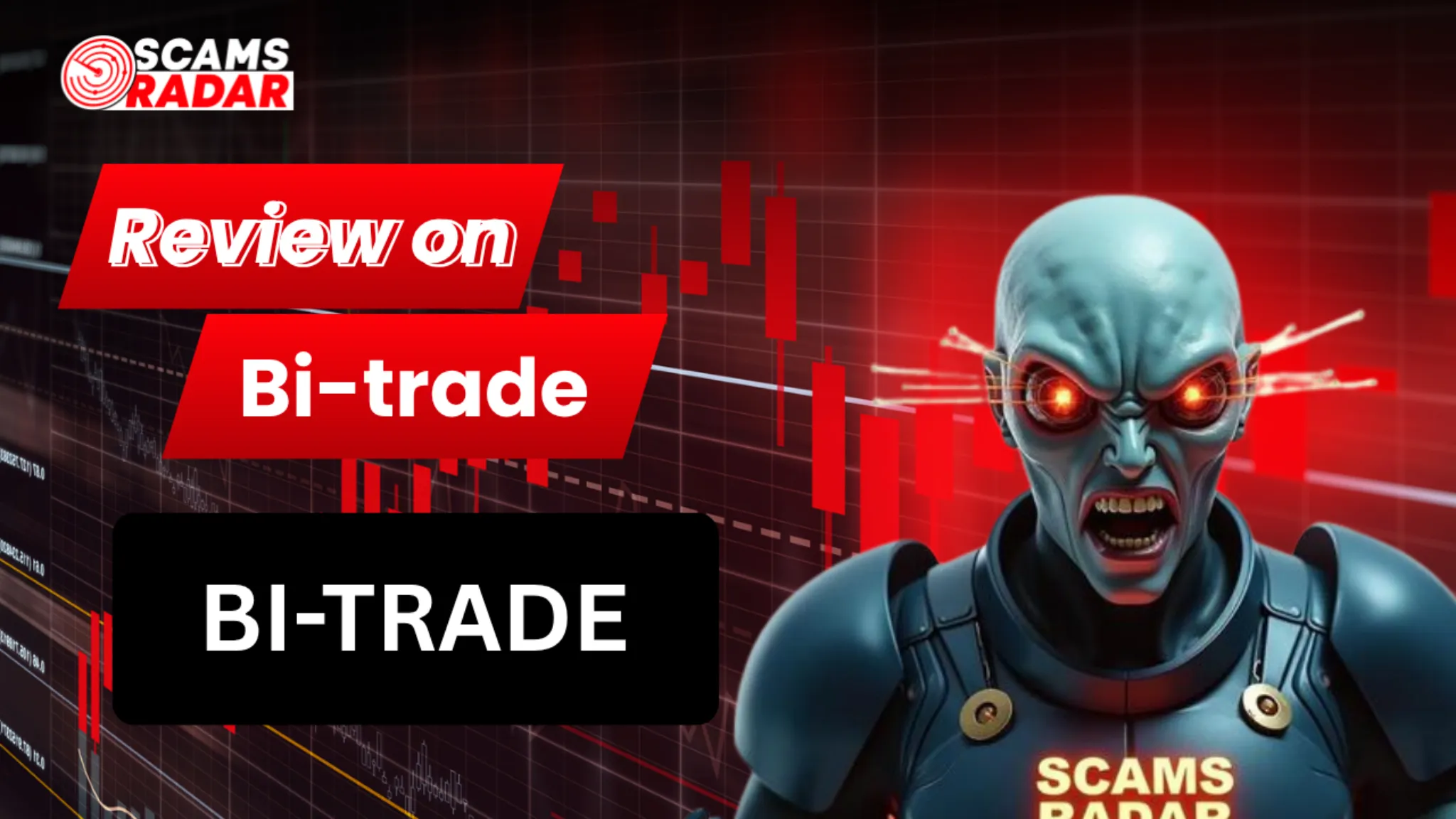Bi-Trade review scam alert thumbnail with trading chart background and warning character