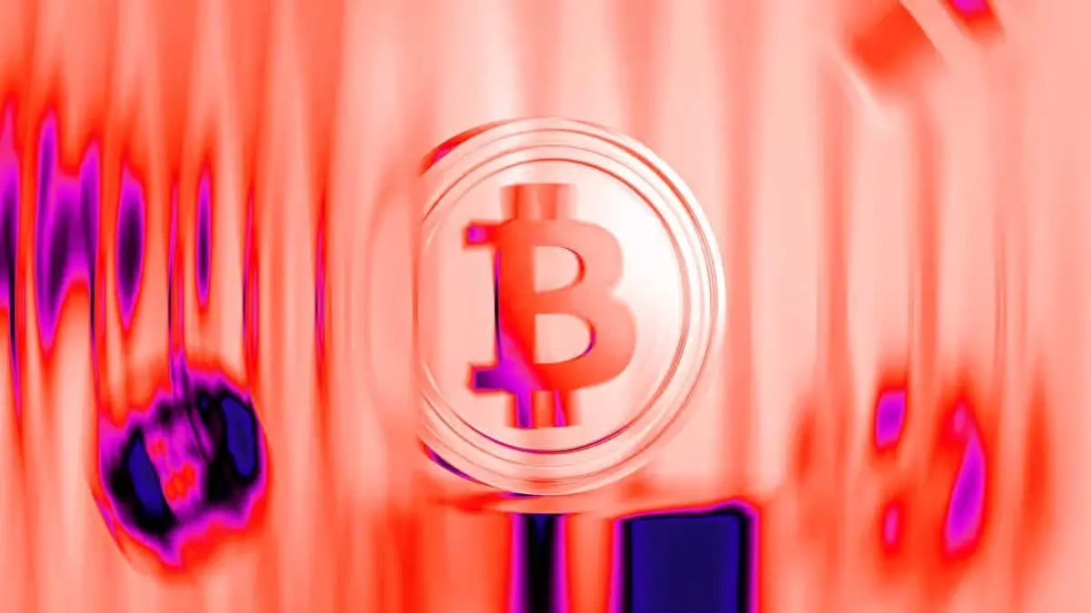 A stylized red and pink heat-map style image of a Bitcoin coin symbol, representing market volatility and the impact of geopolitical news on Bitcoin price.