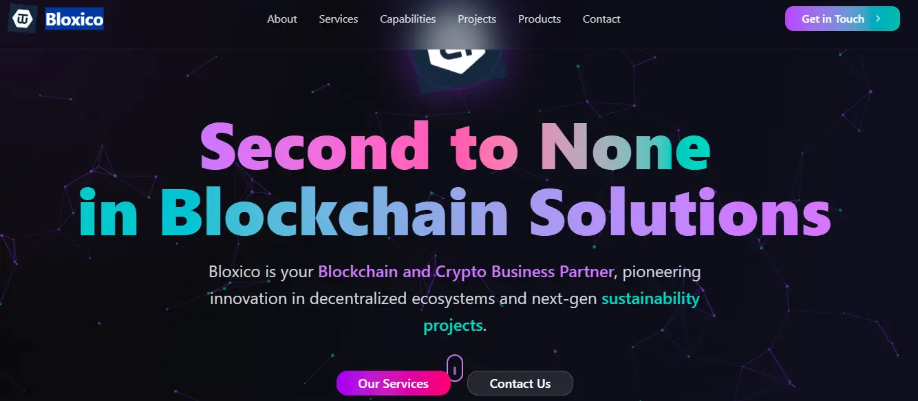 Bloxico blockchain solutions homepage showcasing crypto business services and decentralized innovation