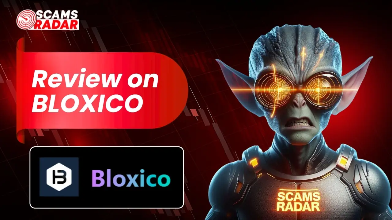 Bloxico Review scam alert thumbnail with futuristic alien and Scams Radar branding