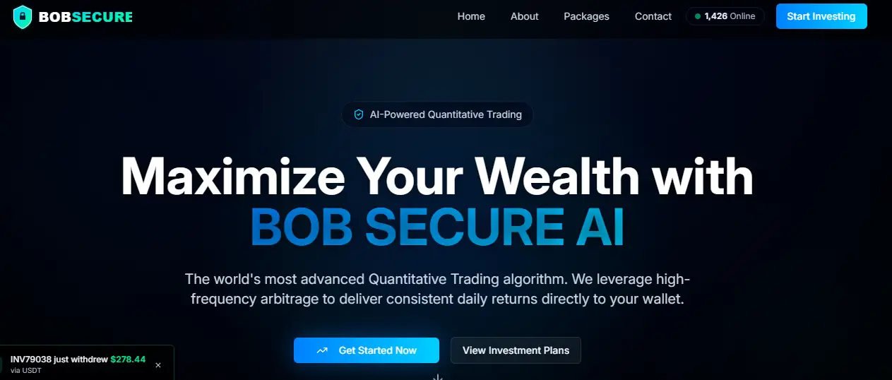 Bob Secure AI trading platform dashboard showing quantitative trading system and automated investment features