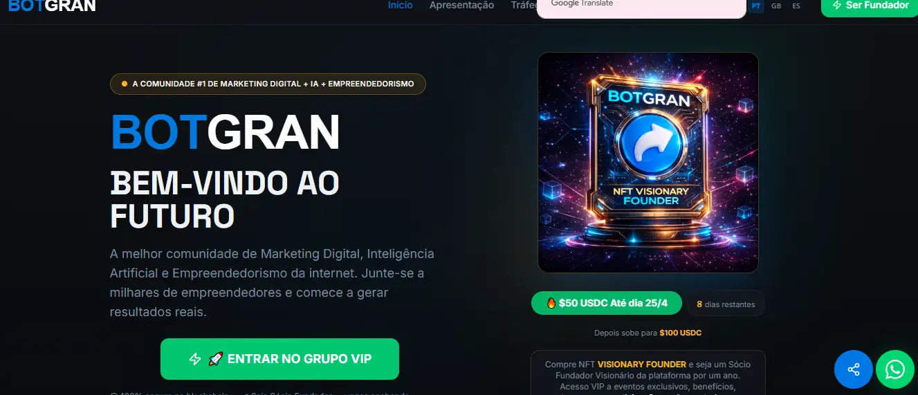 BOTGRAN Review dashboard showing marketing platform interface NFT founder offer and USDC pricing