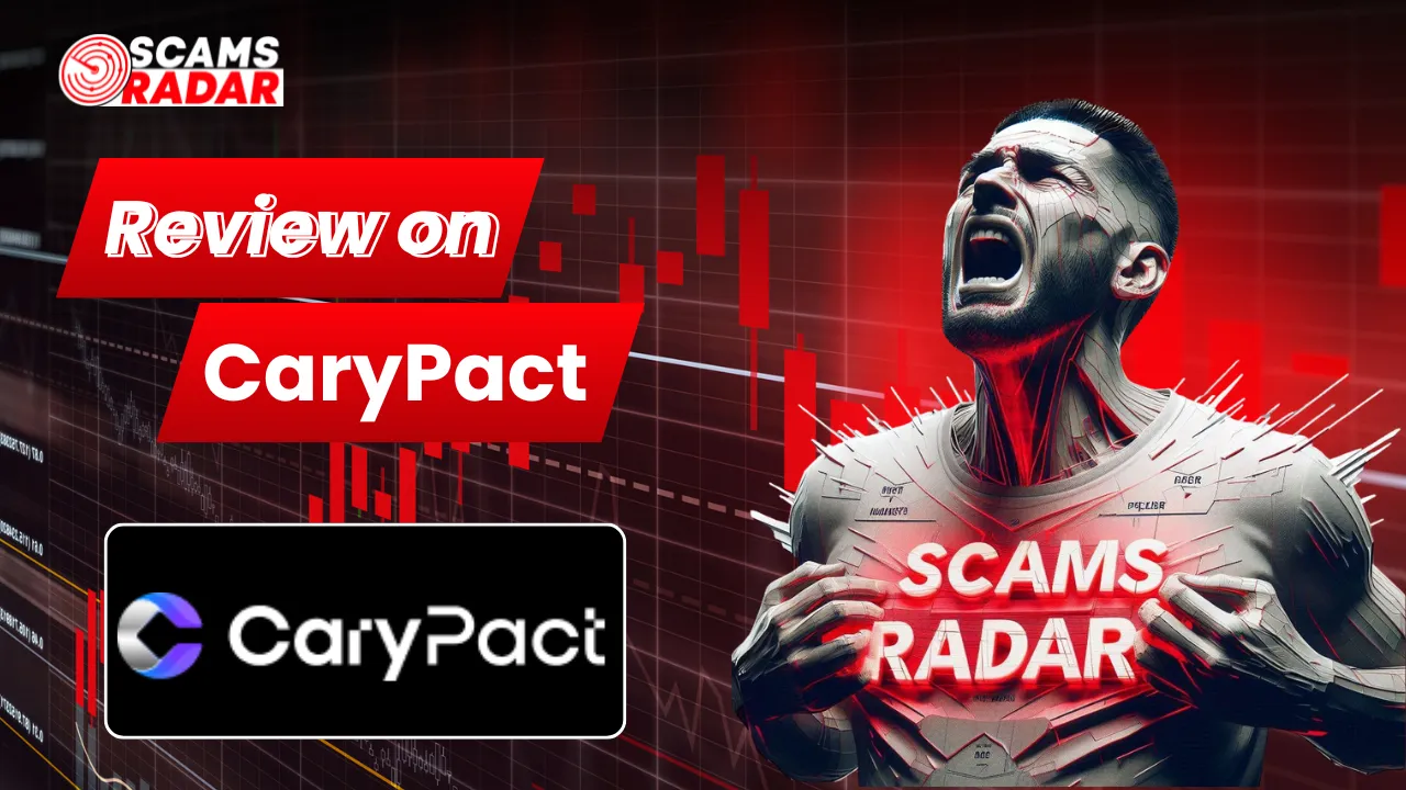 CaryPact review scam alert thumbnail with trading chart background and warning visual