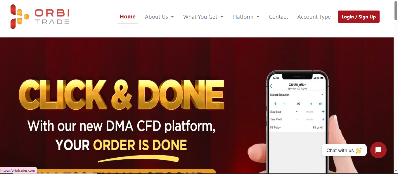 A screenshot of the ORBI TRADE website homepage showing their DMA CFD platform and a mobile trading interface, as discussed in an ORBI TRADE Review.