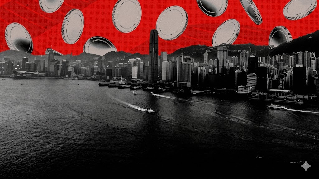 A conceptual image featuring a grayscale view of the Hong Kong skyline and harbor, with multiple stylized, floating, silver coins set against a stark, textured red sky.