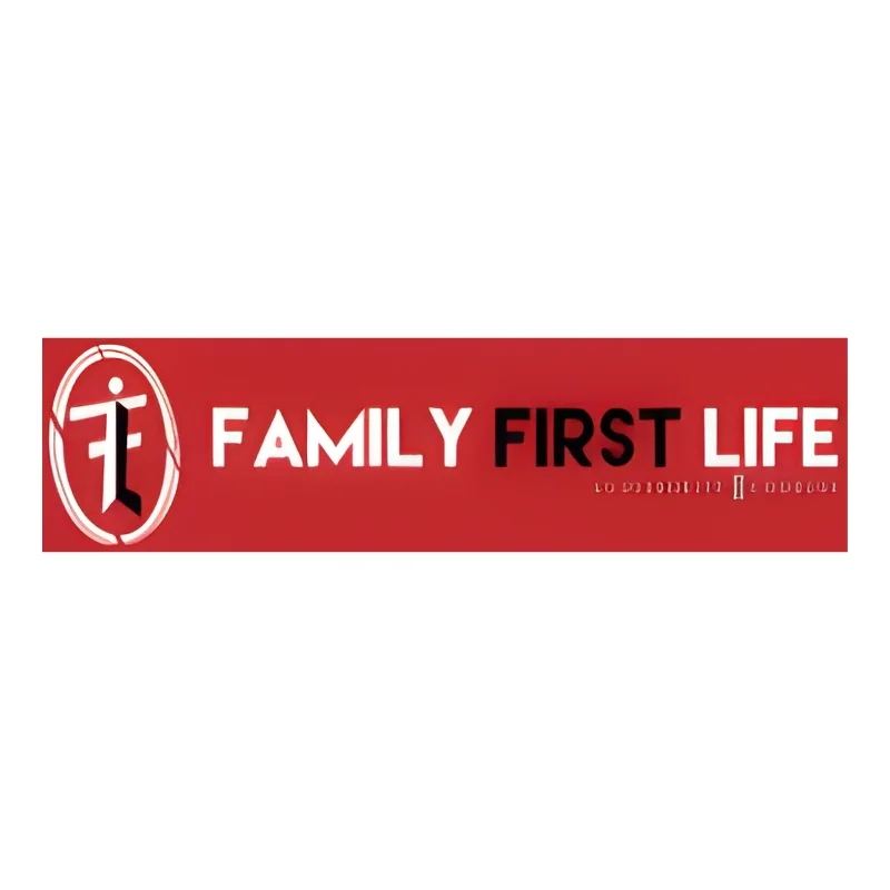 Family First Life logo representing the brand on a red background
