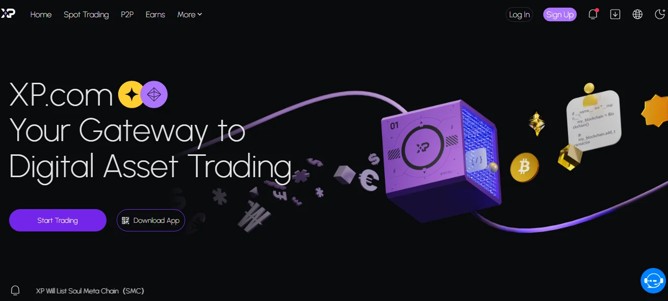 : XP.com homepage with a digital asset trading platform, offering start trading and app download options.