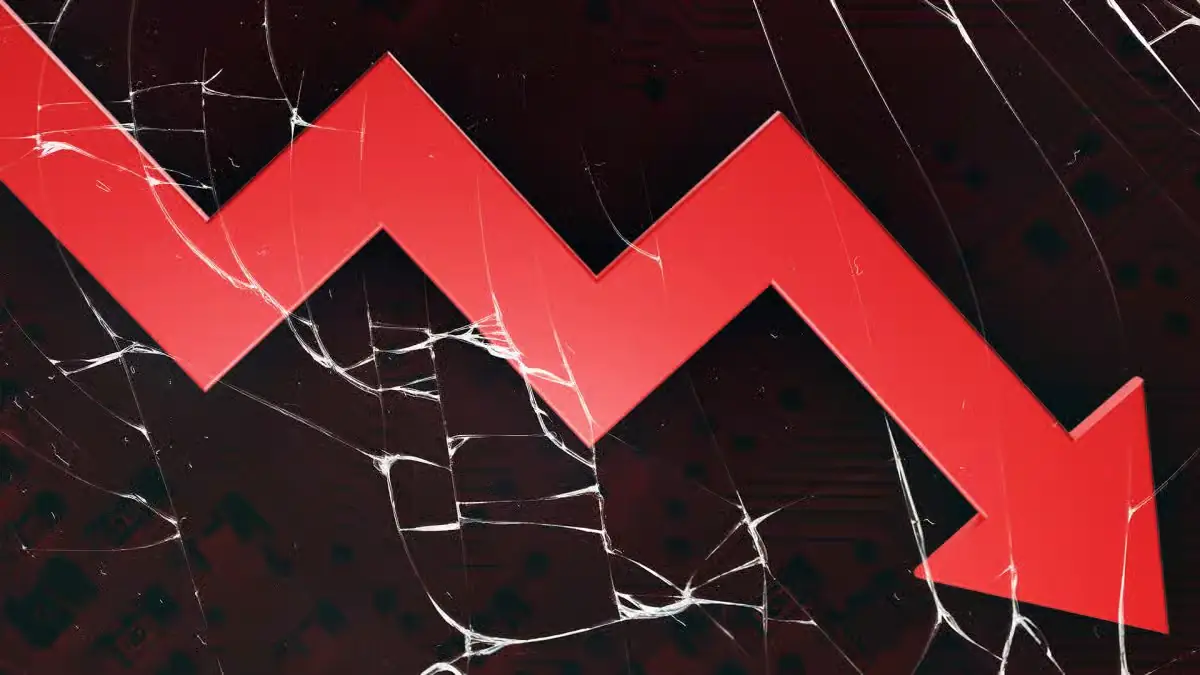 Red downward arrow showing crypto market crash with declining token prices and financial losses concept