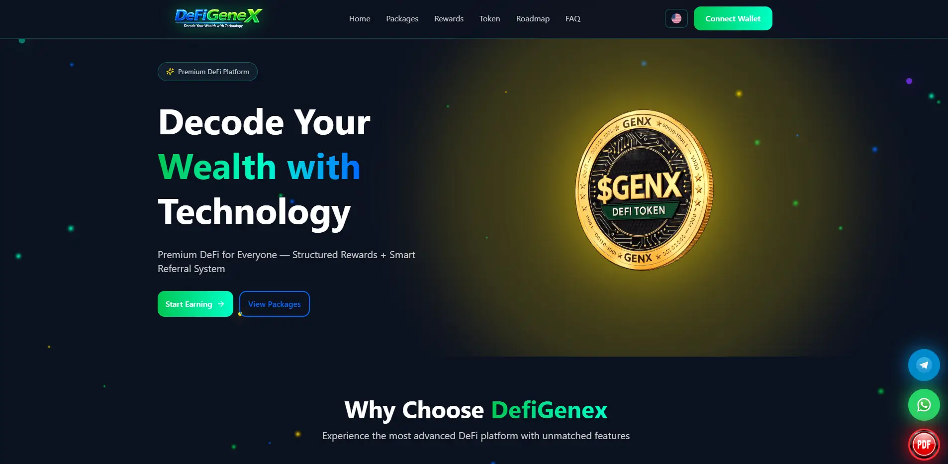 DefiGenex Review homepage showing GENX token, staking platform dashboard, and DeFi earning system