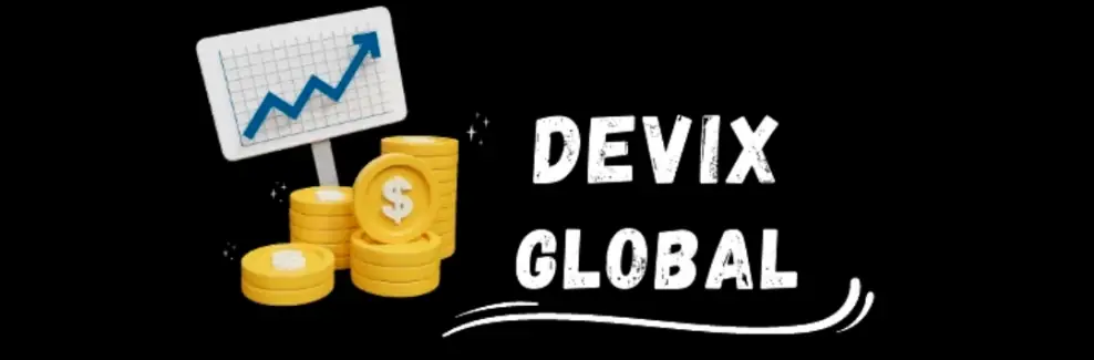 Devix Global Review showing earning platform concept with coins and growth chart highlighting risks and income claims
