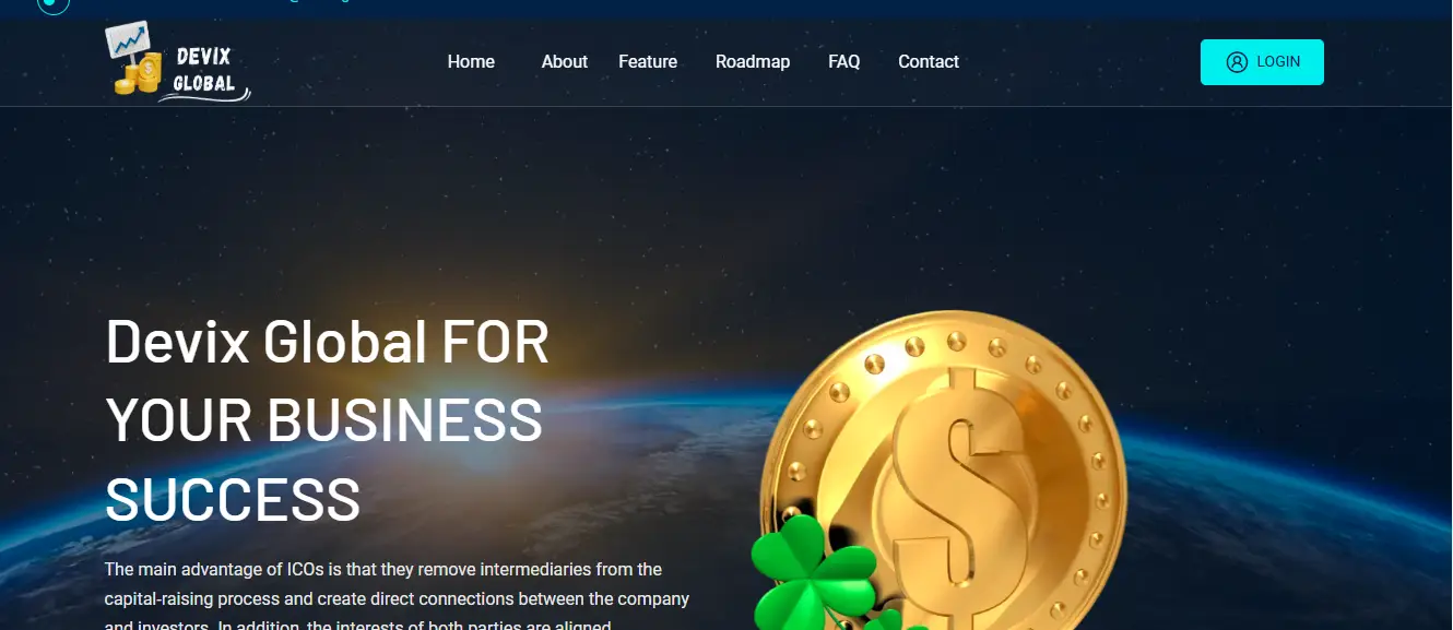 Devix Global Review website banner showing crypto business platform with coin and ICO concept for earning opportunities