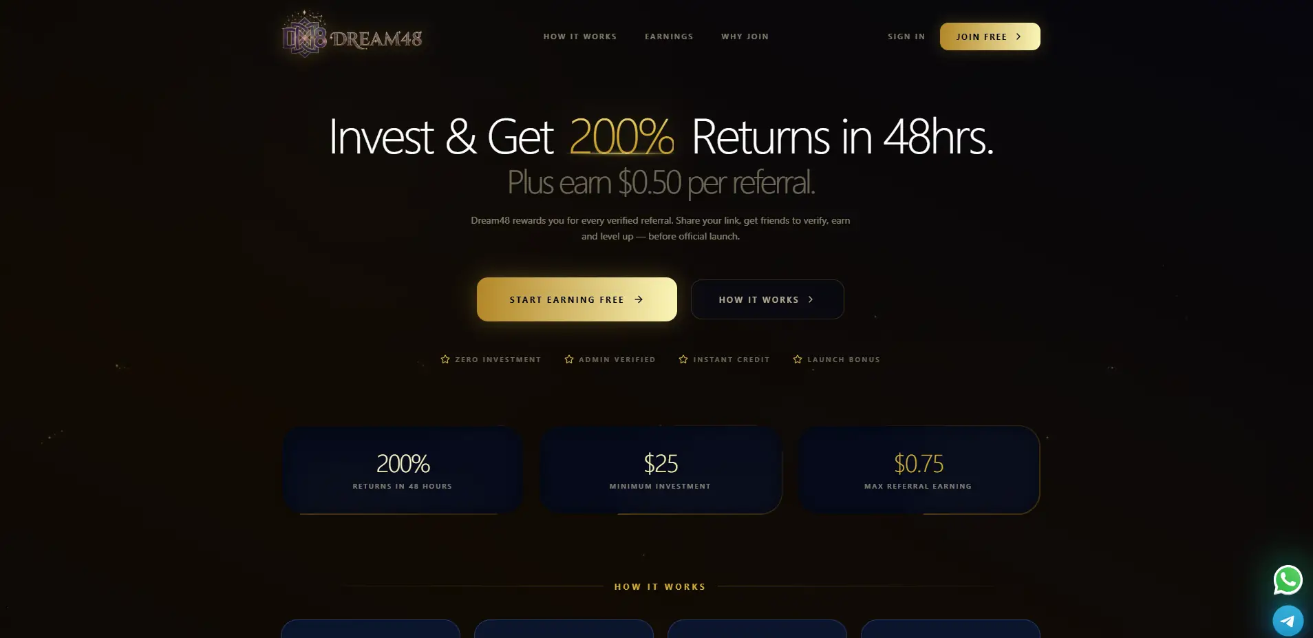 Dream48 platform homepage showing 200% returns in 48 hours claim with referral earnings and investment details