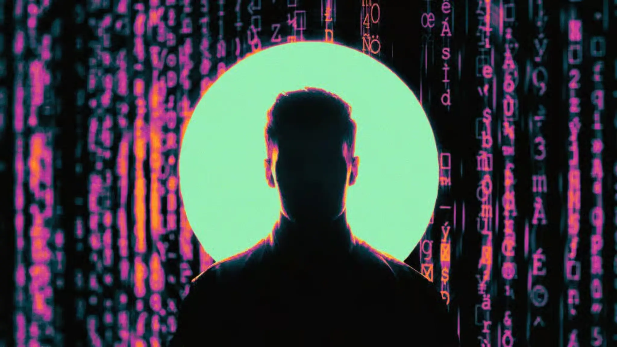 Anonymous hacker silhouette with digital code background representing crypto cyber attack and DeFi exploit