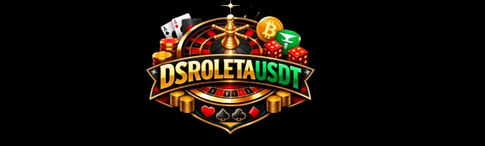 DSROLETA USDT logo featuring a golden roulette wheel, playing cards, Bitcoin and Tether coins, and casino dice on a black background.