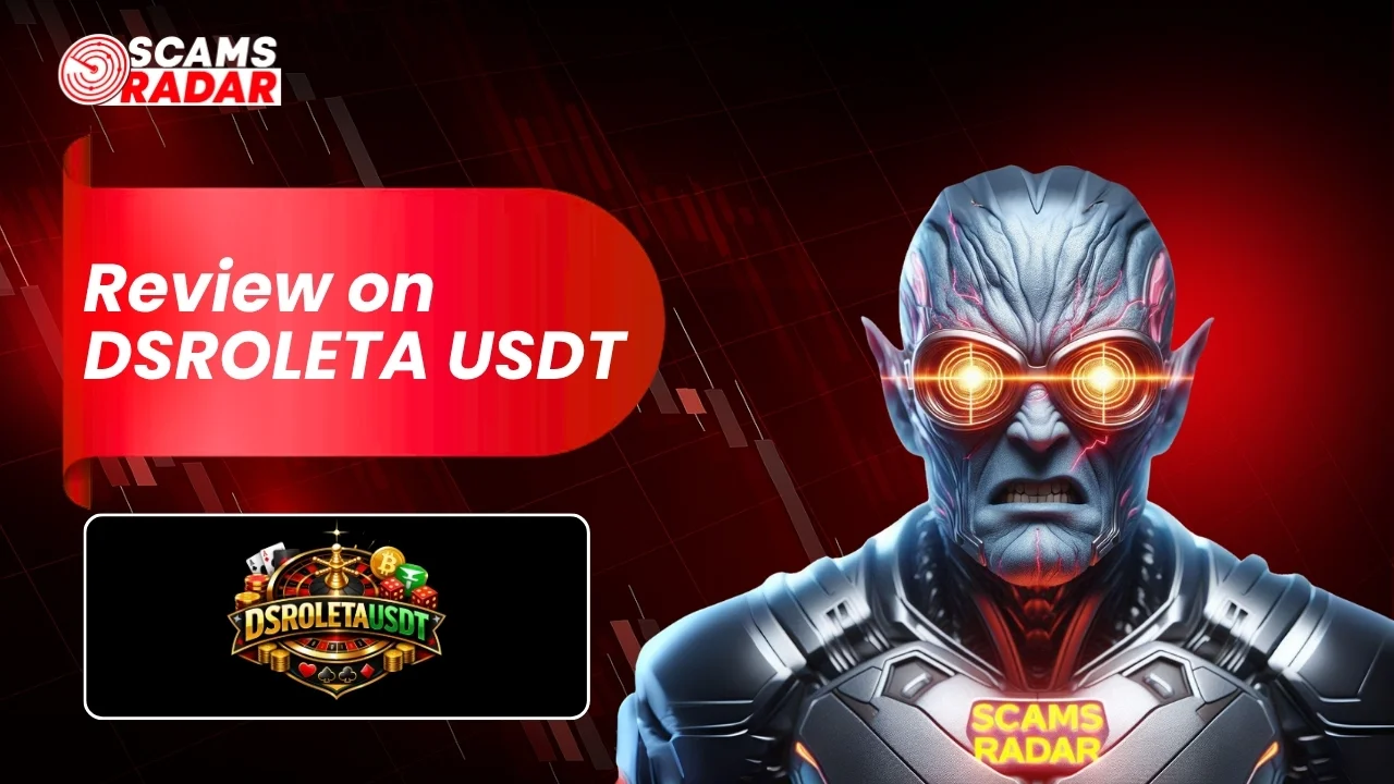 DSROLETA USDT review banner featuring Scams Radar logo and a futuristic character against a red trading chart background.