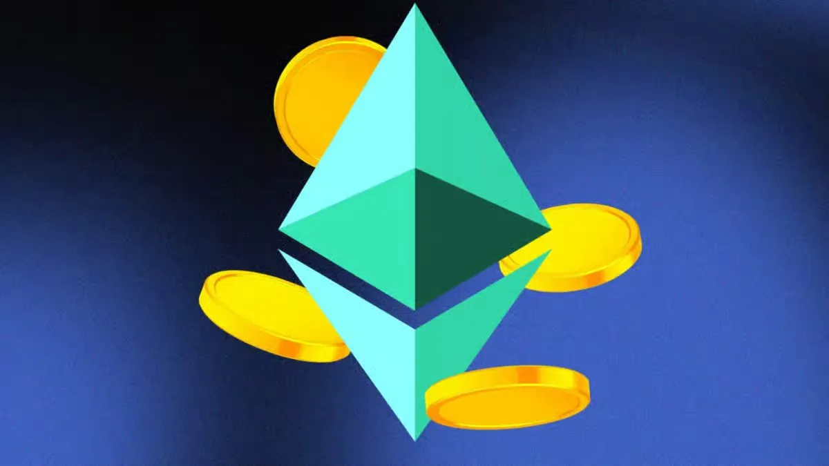 Ethereum logo with coins representing blockspace futures and ETHGas liquidity backed by Ether.fi staking